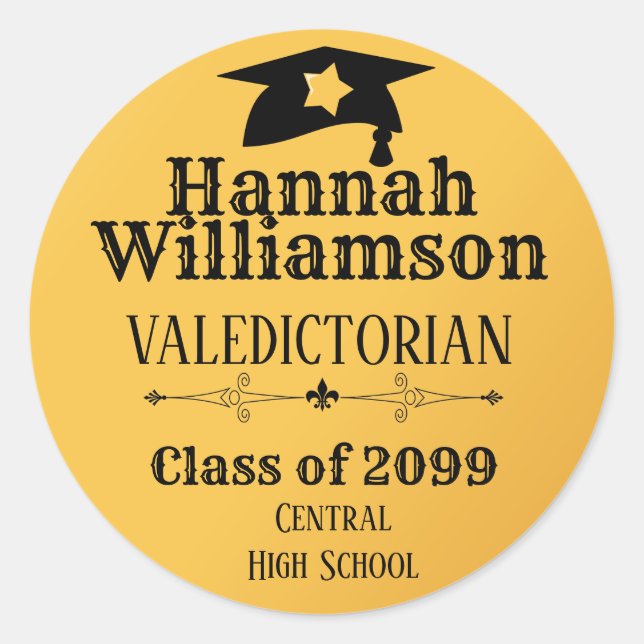 Gold Valedictorian Personalised Graduation Cap Classic Round Sticker (Front)