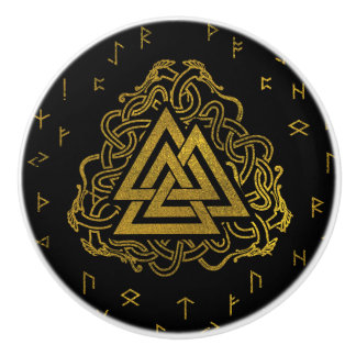 Gold Valknut Symbol on Runes Pattern Ceramic Knob