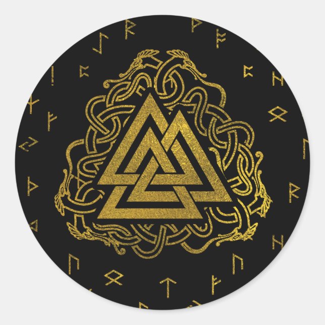 Gold Valknut Symbol on Runes Pattern Classic Round Sticker (Front)