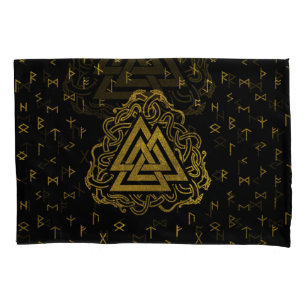 Gold Valknut Symbol on Runes Pattern Pillowcase