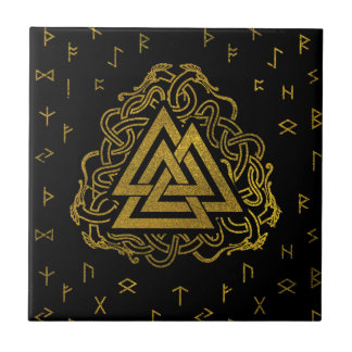 Gold Valknut Symbol on Runes Pattern Tile