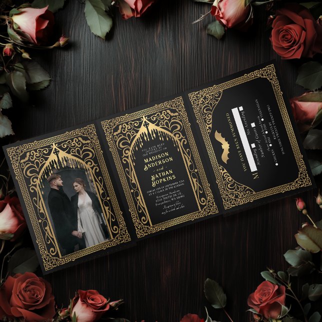 Gold Vampire Cathedral Gothic Wedding Invitation (Creator Uploaded)