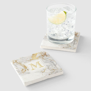 Gold Vein Marble Monogram Stone Coaster