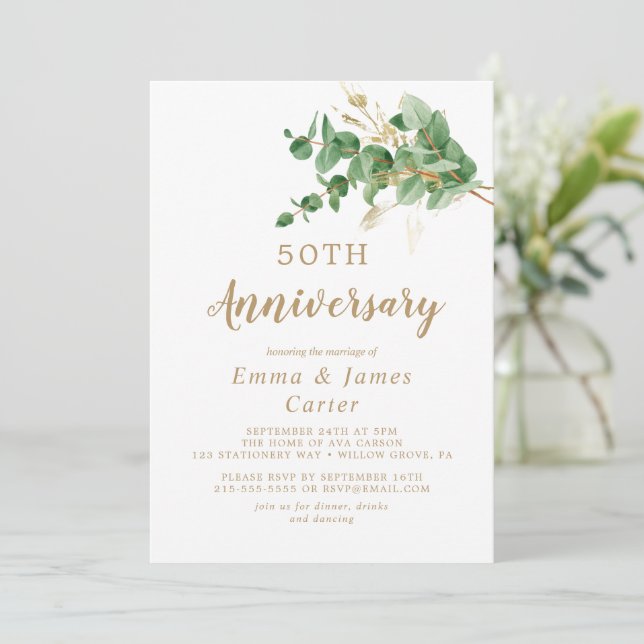 Gold Veined Eucalyptus 50th Wedding Anniversary  Invitation (Standing Front)