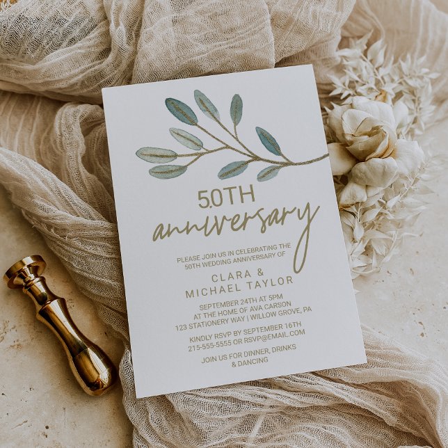 Gold Veined Eucalyptus 50th Wedding Anniversary Invitation (Creator Uploaded)