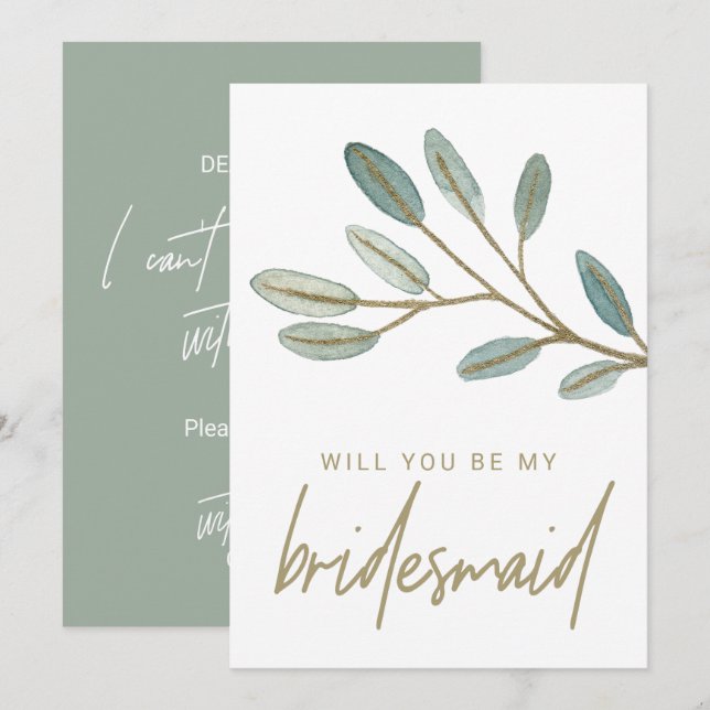 Gold Veined Eucalyptus Bridesmaid Proposal Invitation (Front/Back)