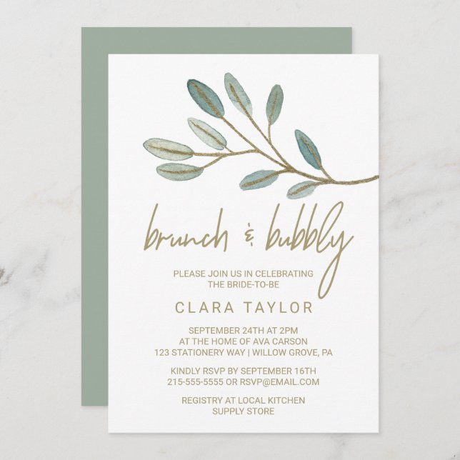 Gold Veined Eucalyptus Brunch and Bubbly Invitation (Front/Back)