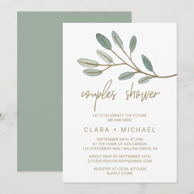 Gold Veined Eucalyptus Couples Shower Invitation (Front/Back)