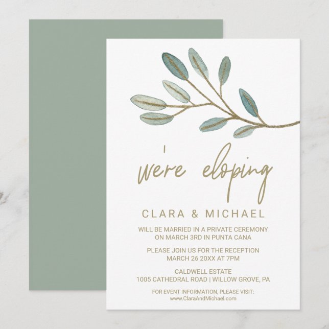 Gold Veined Eucalyptus Elopement Reception Invitation (Front/Back)