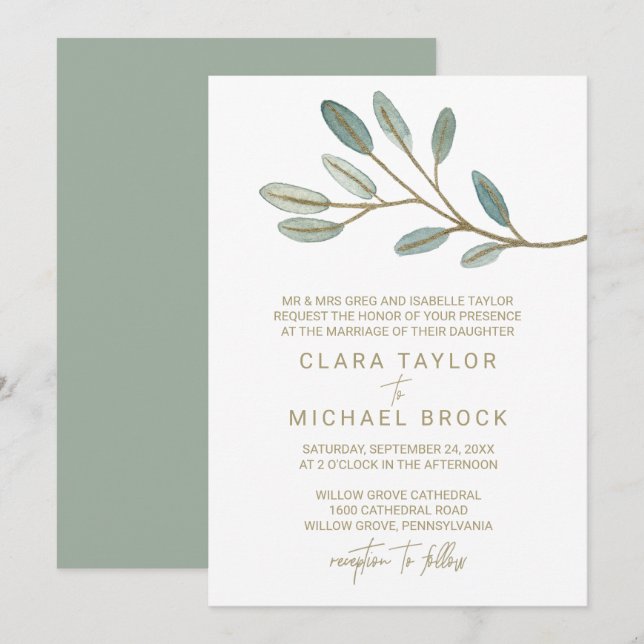 Gold Veined Eucalyptus Formal Wedding Invitation (Front/Back)