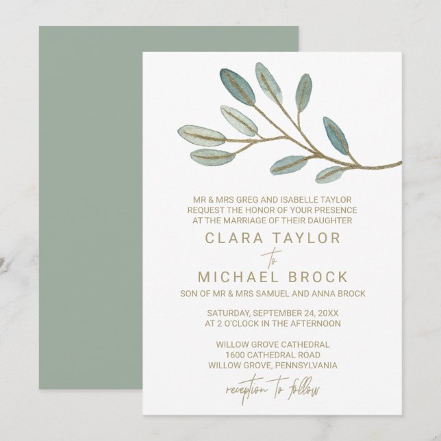 Gold Veined Eucalyptus Formal Wedding Invitation (Front/Back)