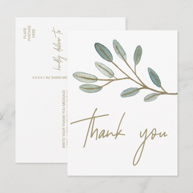 Gold Veined Eucalyptus Thank You Postcard (Front/Back)