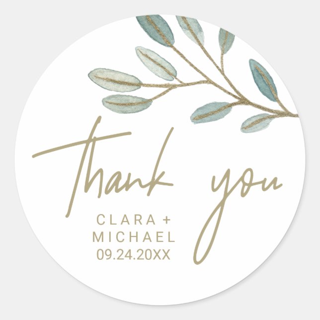 Gold Veined Eucalyptus Thank You Wedding Favour Classic Round Sticker (Front)
