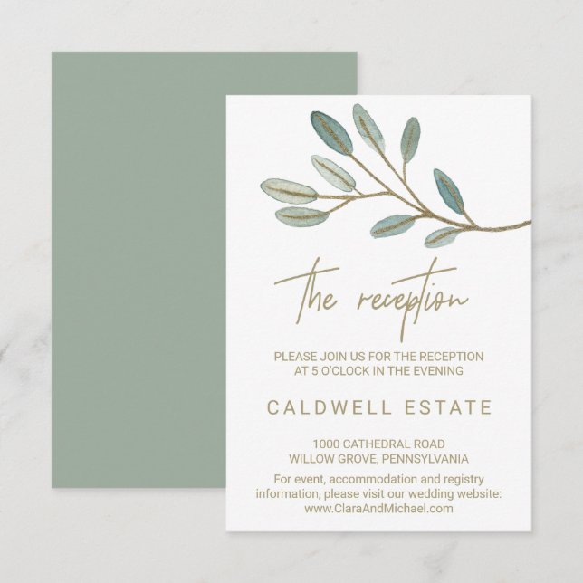 Gold Veined Eucalyptus Wedding Reception Card (Front/Back)