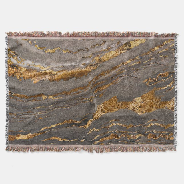 Gold-veined grey marble textured background. throw blanket (Front)