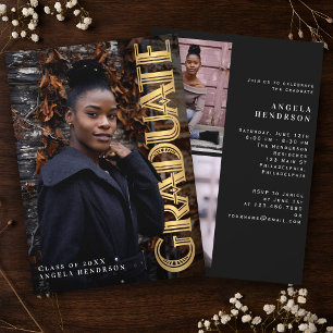 Gold Vertical Art Deco Photo Graduation Party  Invitation