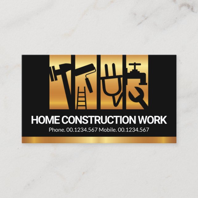 Gold Vertical Construction Handyman Tool Stripes Business Card (Front)