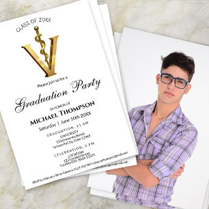 Gold Veterinary Caduceus Graduation Party   Photo Invitation