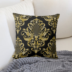 Gold Victorian Damask Pattern on Black Cushion