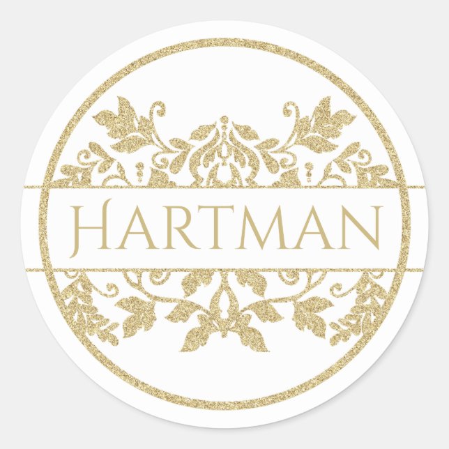 Gold Vine Floral Damask Emblem White Classic Round Sticker (Front)
