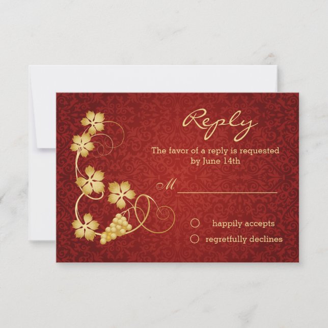Gold vine leaves on red damask RSVP Invitation (Front)