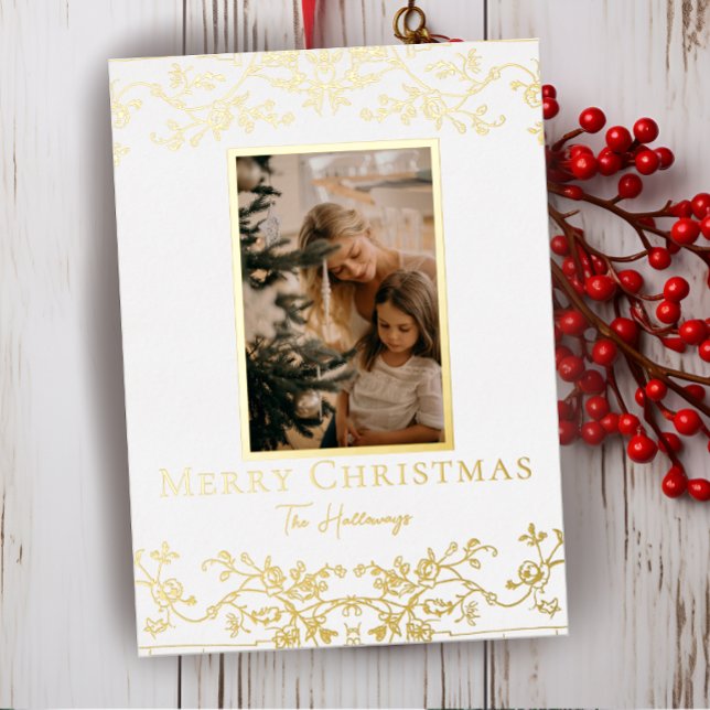 Gold Vines One Photo Foil Holiday Card (Creator Uploaded)