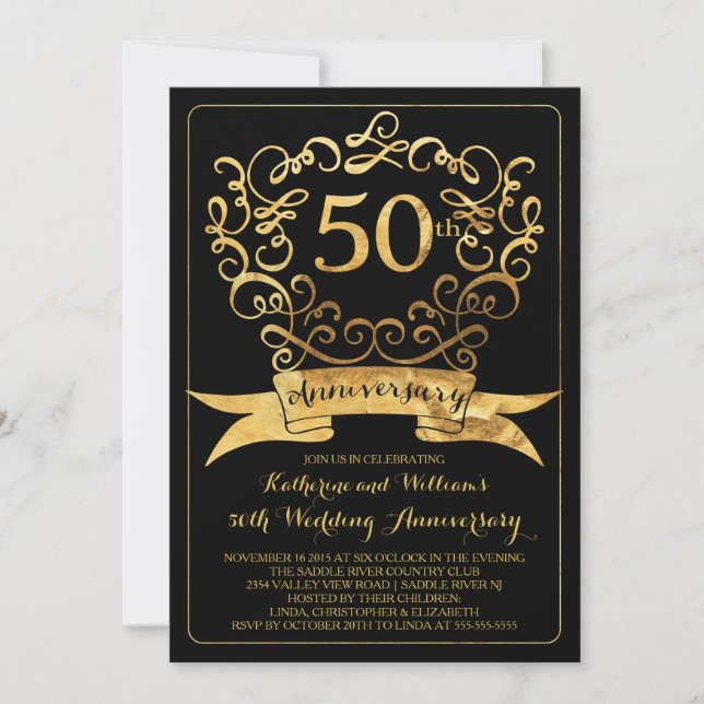 Gold Vintage 50th Wedding Anniversary Invitation (Front)