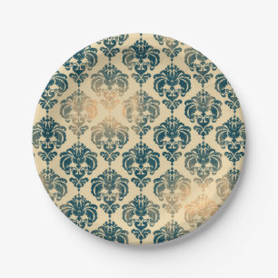 Gold & Vintage Blue Rustic Modern Glam Damask Paper Plate