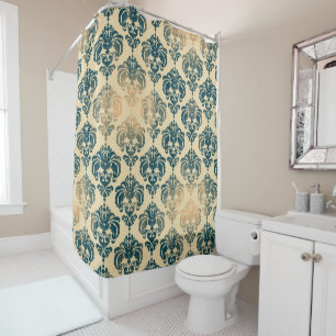 Gold & Vintage Blue Rustic Modern Glam Damask Shower Curtain