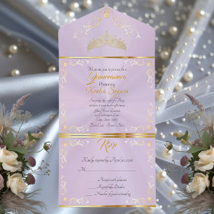 Gold Vintage Border Quinceanera - Lavender All In One Invitation