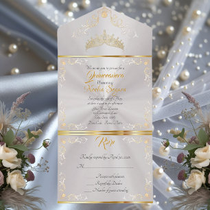 Gold Vintage Border Quinceanera - Pearl White All In One Invitation