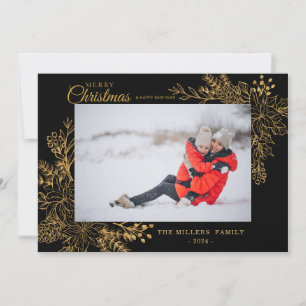 Gold Vintage Botanical Frame Photo Merry Christmas Holiday Card