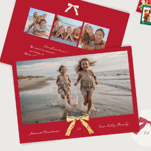 gold vintage bow red merriest christmas photo foil holiday card