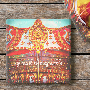Gold Vintage Carousel Face Spread the Sparkle Stone Coaster