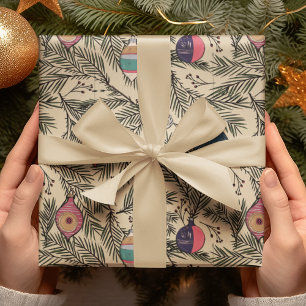 Gold Vintage Christmas Ornaments, Pine, Berries Wrapping Paper