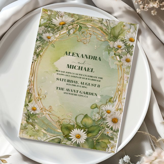 Gold Vintage Daisy Art Nouveau Wedding Invitation (Creator Uploaded)