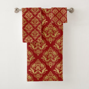 Gold vintage damask pattern on red bath towel set