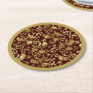 Gold Vintage Damasks Dark Brown Round Paper Coaster