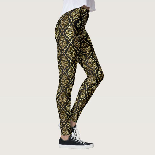 Gold vintage damasks pattern on black leggings (Right)