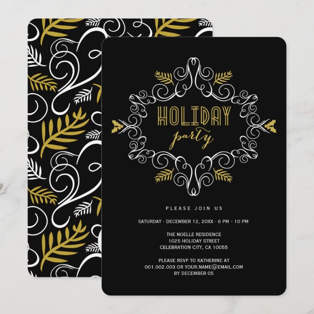 Gold Vintage Deco Foliage Classic Holiday Party Invitation (Front/Back)
