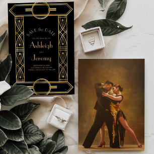 Gold Vintage Deco Frame Black Photo Wedding Save The Date