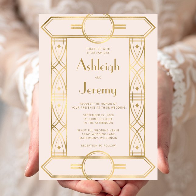 Gold Vintage Deco Frame Blush Pink Wedding Invitation (Creator Uploaded)