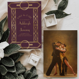 Gold Vintage Deco Frame Burgundy Photo Wedding Save The Date