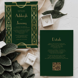 Gold Vintage Deco Frame Dark Green QR Code Wedding Invitation