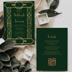 Gold Vintage Deco Frame Dark Green QR Code Wedding Invitation