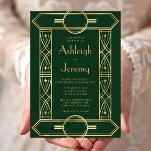 Gold Vintage Deco Frame Dark Green Wedding Invitation