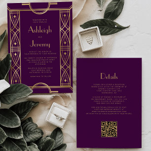 Gold Vintage Deco Frame Purple QR Code Wedding Invitation