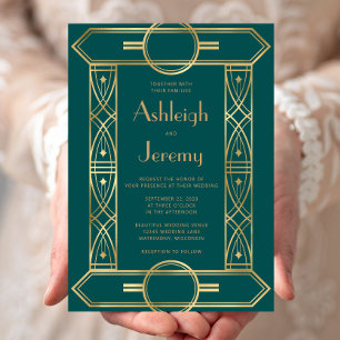 Gold Vintage Deco Frame Teal Wedding Invitation