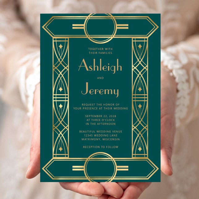 Gold Vintage Deco Frame Teal Wedding Invitation (Creator Uploaded)