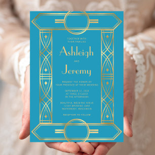 Gold Vintage Deco Frame Turquoise Wedding Invitation